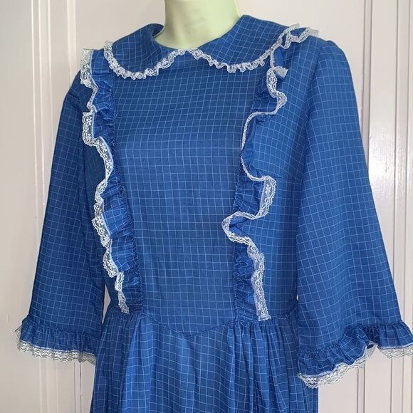 Vtg blue checked handmade Prairie Core dress - Picture 2 of 11